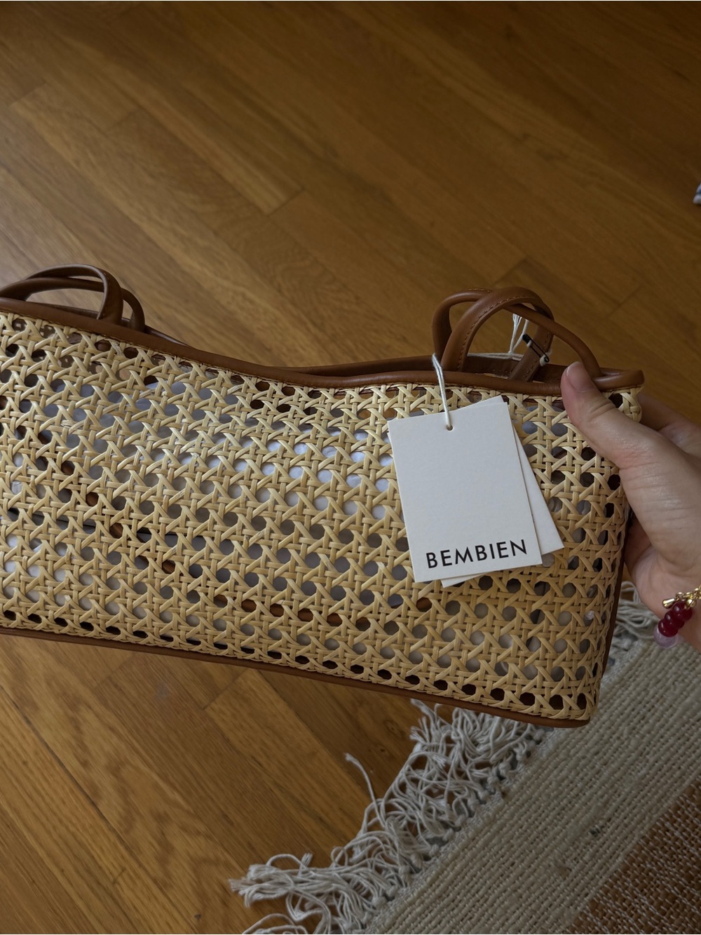 Bembien Woven Rectangular Shoulder Bag in Tan and Cream - Picture 2 of 4